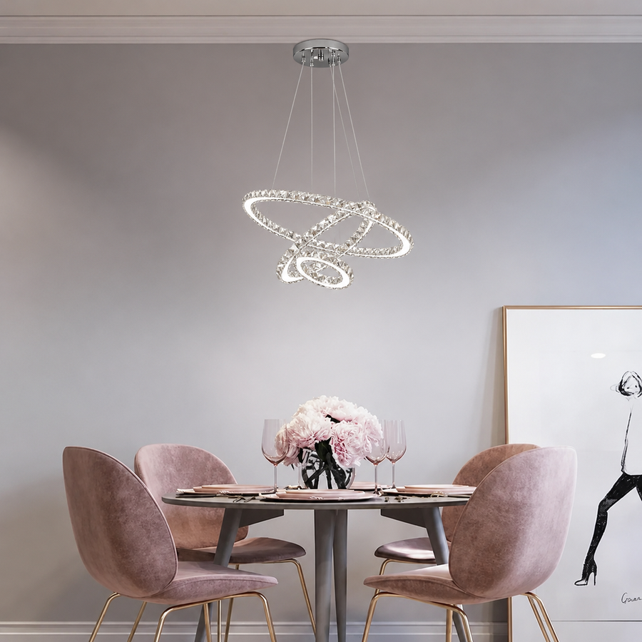 Lustra LED suspendata cu telecomanda si cristal PRISM LUMINIS 79W, 3 Cercuri, lumina Rece/Calda/Neutra, Dimabila, Crom, Inaltime Reglabila