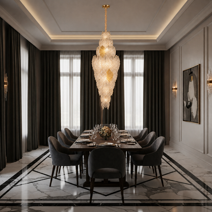 Candelabru Cristal LACE Supremo 26xE14, Diametru 60cm, Inaltime 180cm, Auriu Lucios, Inaltime Reglabila, Design Elegant