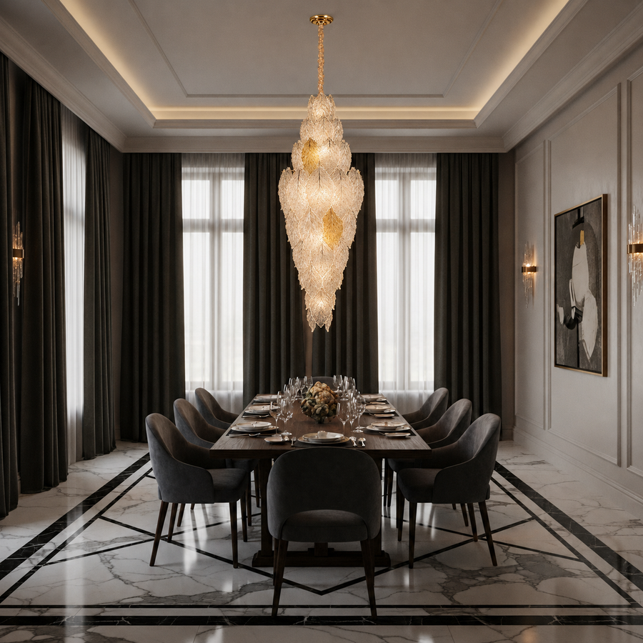 Candelabru Cristal LACE Supremo 26xE14, Diametru 60cm, Inaltime 180cm, Auriu Lucios, Inaltime Reglabila, Design Elegant