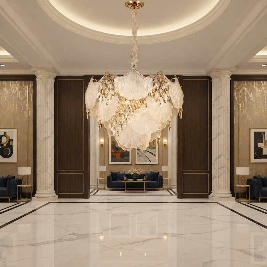 Candelabru Cristal LUXE Magno, 21xE14, Diametru 60cm, Inaltime 40cm, Auriu Lucios, Inaltime Reglabila, Design Elegant