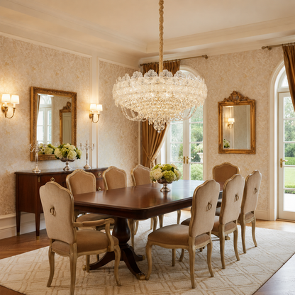 Candelabru Cristal CROWN Eleganza 9xE14, Diametru 50cm, Inaltime 41cm, Auriu Lucios, Inaltime Reglabila, Design Elegant