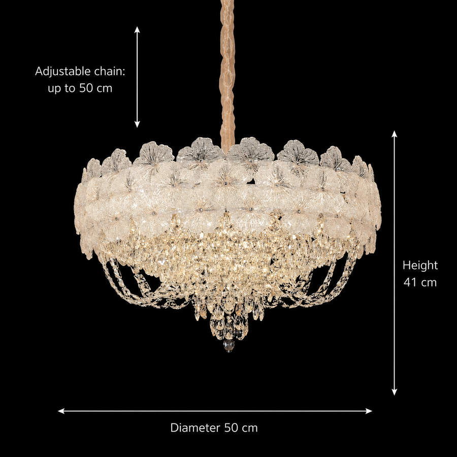 Candelabru Cristal CROWN Eleganza 9xE14, Diametru 50cm, Inaltime 41cm, Auriu Lucios, Inaltime Reglabila, Design Elegant