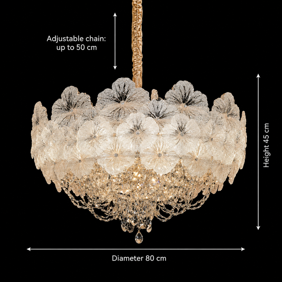 Candelabru Cristal CROWN Regalis 21xE14, Diametru 80cm, Inaltime 45cm, Auriu Lucios, Inaltime Reglabila, Design Elegant
