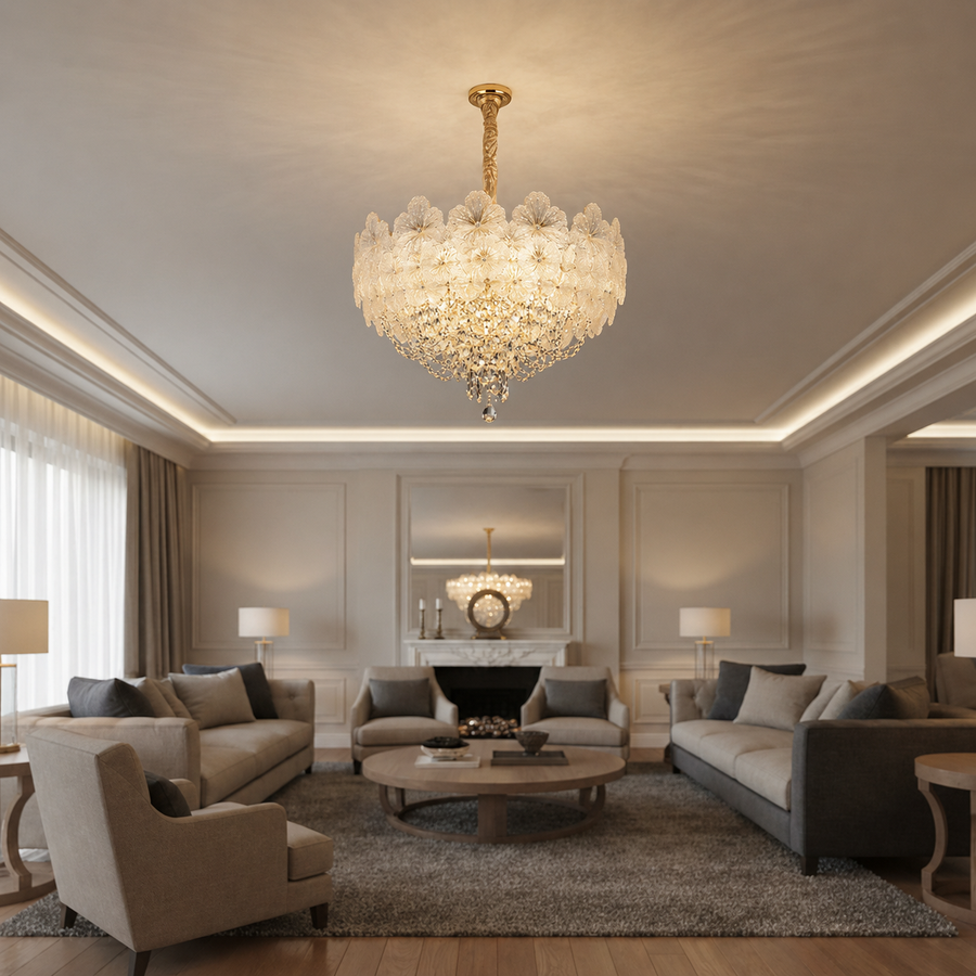 Candelabru Cristal CROWN Regalis 21xE14, Diametru 80cm, Inaltime 45cm, Auriu Lucios, Inaltime Reglabila, Design Elegant