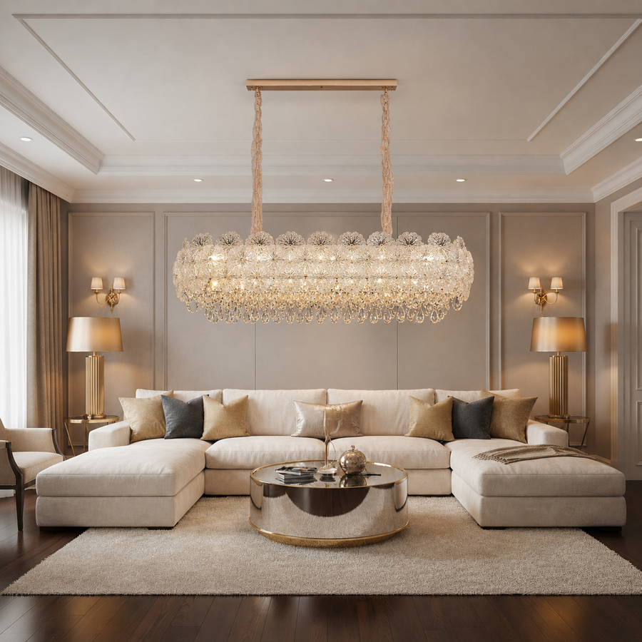 Candelabru Cristal CROWN Supremo 11xE14, Dimensiune 80x30 cm, Inaltime 33 cm, Auriu Lucios, Inaltime Reglabila, Design Elegant