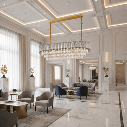 Candelabru Cristal AURUM Supremo 13xE14, Dimensiuni 85x35cm , Inaltime 41cm, Auriu Lucios, Inaltime Reglabila, Design Elegant