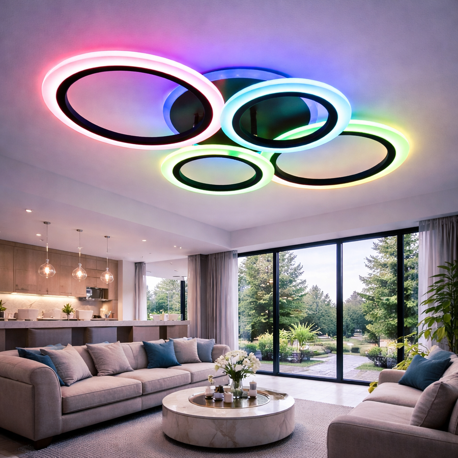 Lustra LED cu telecomanda BETTY 41W, 4 Cercuri, lumina Rece/Calda/Neutra/RGB, Dimabila, Negru