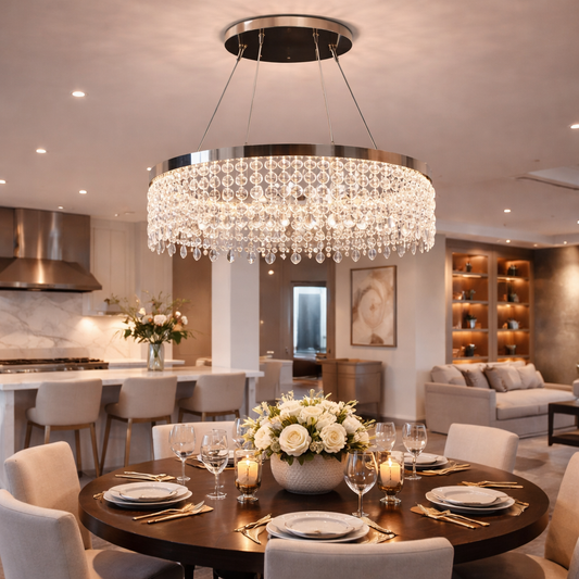 Candelabru LED cu Telecomanda, 98W, ROYALE Eleganza, Diametru 50 cm, Inaltime 120 cm, Lumina Rece/Neutra/Calda, Dimabila, Argintiu, Cristal, Metal