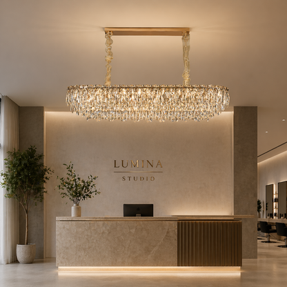 Candelabru Cristal ORION 19xE14, Auriu, Inaltime Reglabila, Metal si Cristal