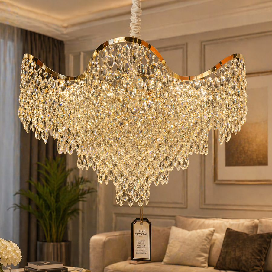 Candelabru Cristal VELOURA Supremo 28xE14, D100 cm, Auriu, Inaltime Reglabila, Metal si Cristal