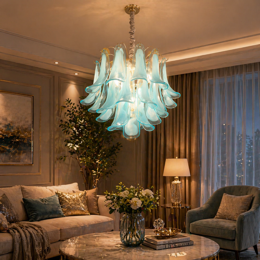 Candelabru Cristal AZURE Eleganza 4xE14, D50 cm, Albastru, Inaltime Reglabila, Metal si Cristal