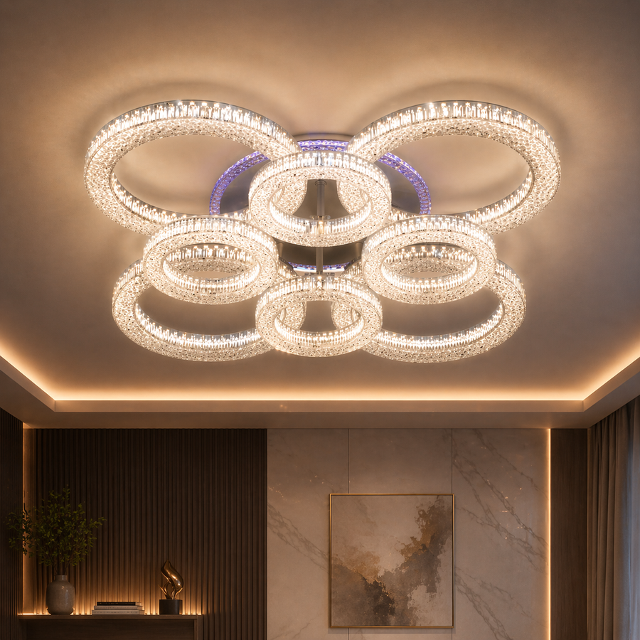 Lustra LED RONDA Regalis cu telecomanda 141W, 8 Cercuri, lumina Rece/Calda/Neutra, Dimabila, Alb