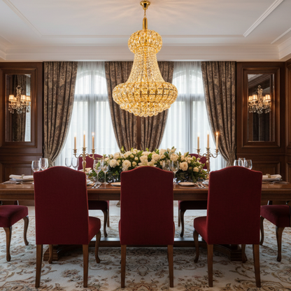 Candelabru Cristal CASTRUM Magno 11xE14, D60 cm, Auriu, Inaltime Reglabila, Metal si Cristal
