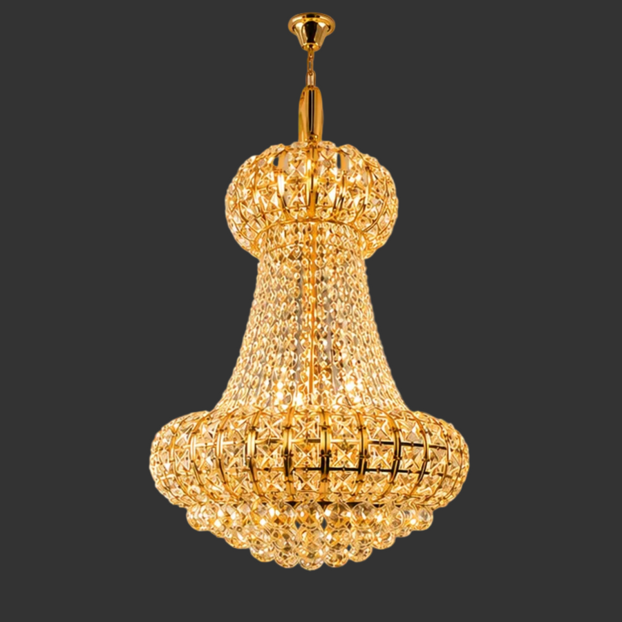Candelabru Cristal CASTRUM Nobile 5xE14, D40 cm, Auriu, Inaltime Reglabila, Metal si Cristal