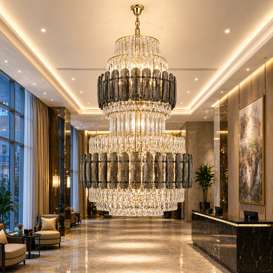 Candelabru Cristal VELIOR Supremo 40xE14, D100 cm, Auriu, Inaltime Reglabila, Metal si Cristal