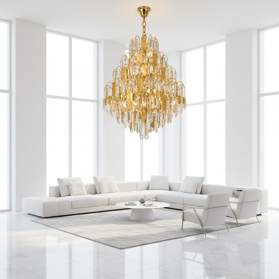 Candelabru Cristal TIER Magno 13xE14, D60 cm, Auriu, Inaltime Reglabila, Metal si Cristal