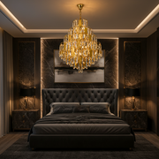 Candelabru Cristal TIER Nobile 8xE14, D40 cm, Auriu, Inaltime Reglabila, Metal si Cristal