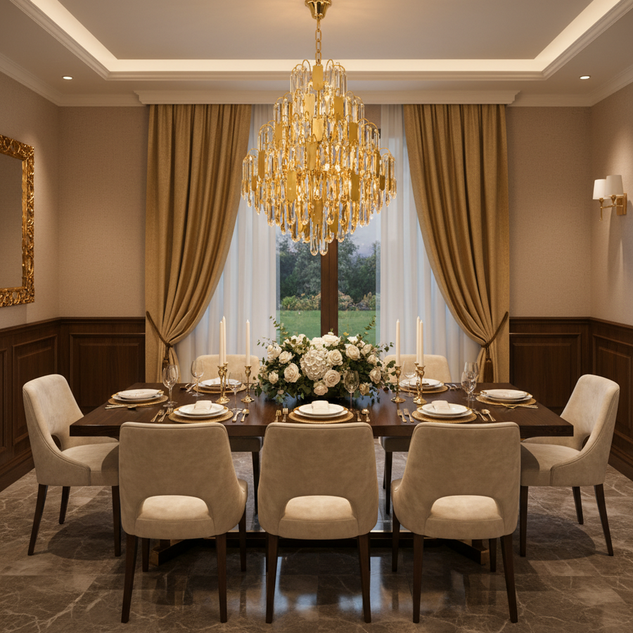 Candelabru Cristal TIER Eleganza 10xE14, D50 cm, Auriu, Inaltime Reglabila, Metal si Cristal