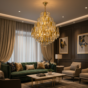 Candelabru Cristal TIER Eleganza 10xE14, D50 cm, Auriu, Inaltime Reglabila, Metal si Cristal