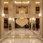 Candelabru Cristal EMPIRE Eleganza 10xE14, D50 cm, Auriu, Inaltime Reglabila, Metal si Cristal