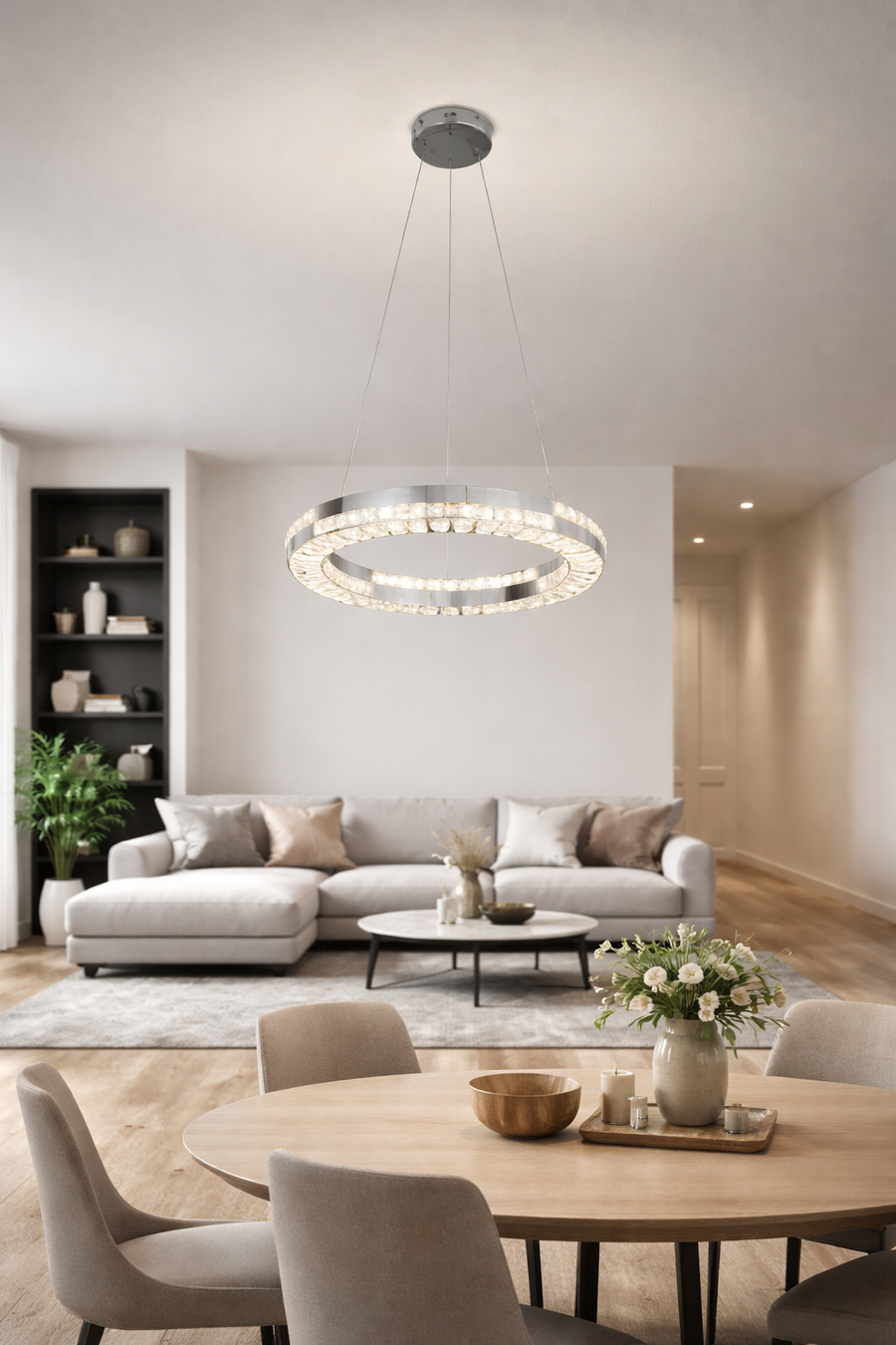 Candelabru LED POLAR, Diametru 50 cm, Inaltime 120 cm, Lumina Rece/Neutra/Calda, Dimabila, Argintiu, Cristal, Metal