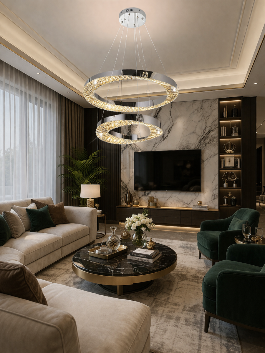 Candelabru LED cu Telecomanda, 196W, HALO Magno, Diametru 40+60 cm, Inaltime 120 cm, IP20, Lumina Rece/Neutra/Calda, Dimabila, Crom, Cristal, Metal