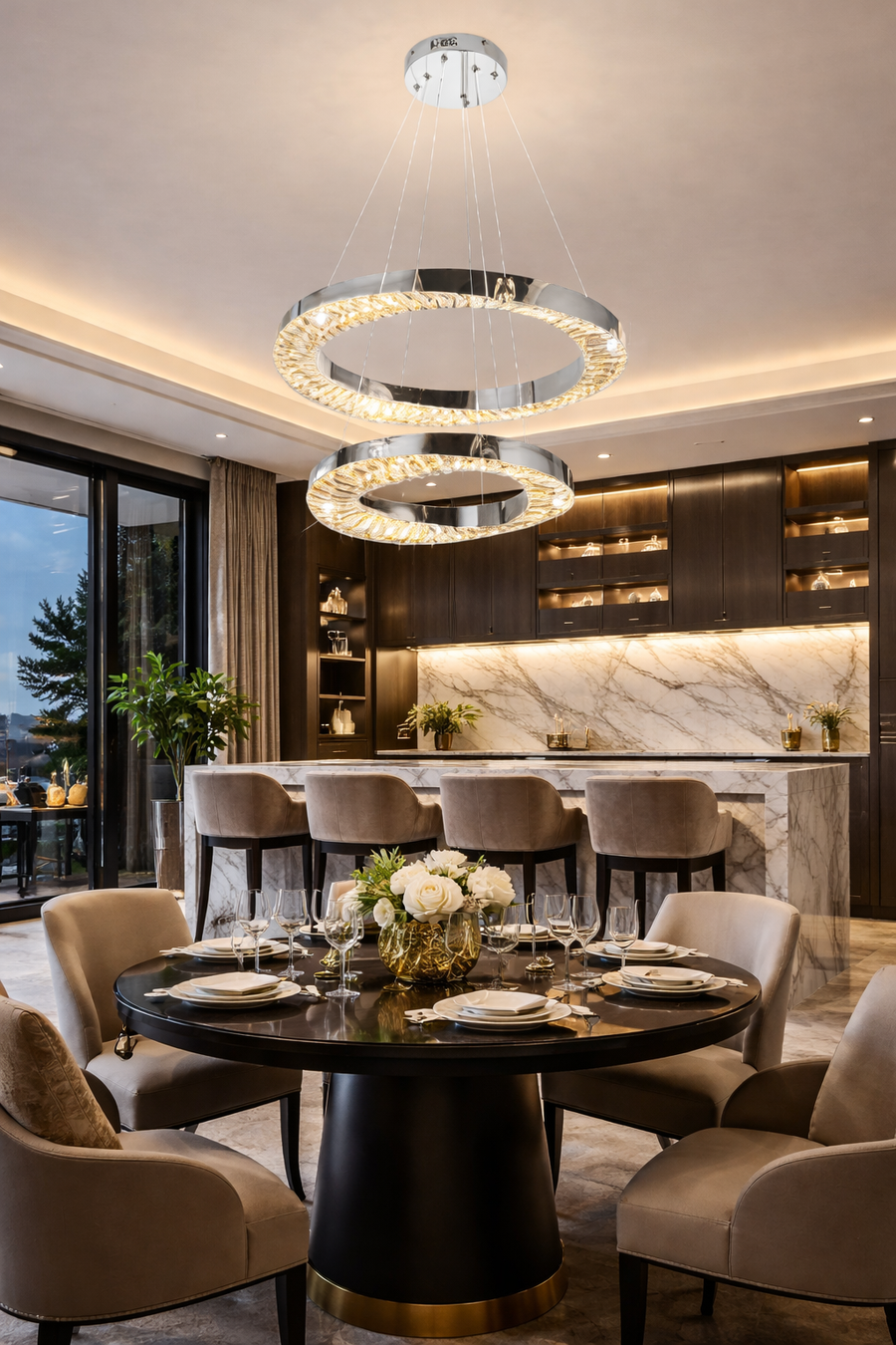 Candelabru LED cu Telecomanda, 196W, HALO Magno, Diametru 40+60 cm, Inaltime 120 cm, IP20, Lumina Rece/Neutra/Calda, Dimabila, Crom, Cristal, Metal