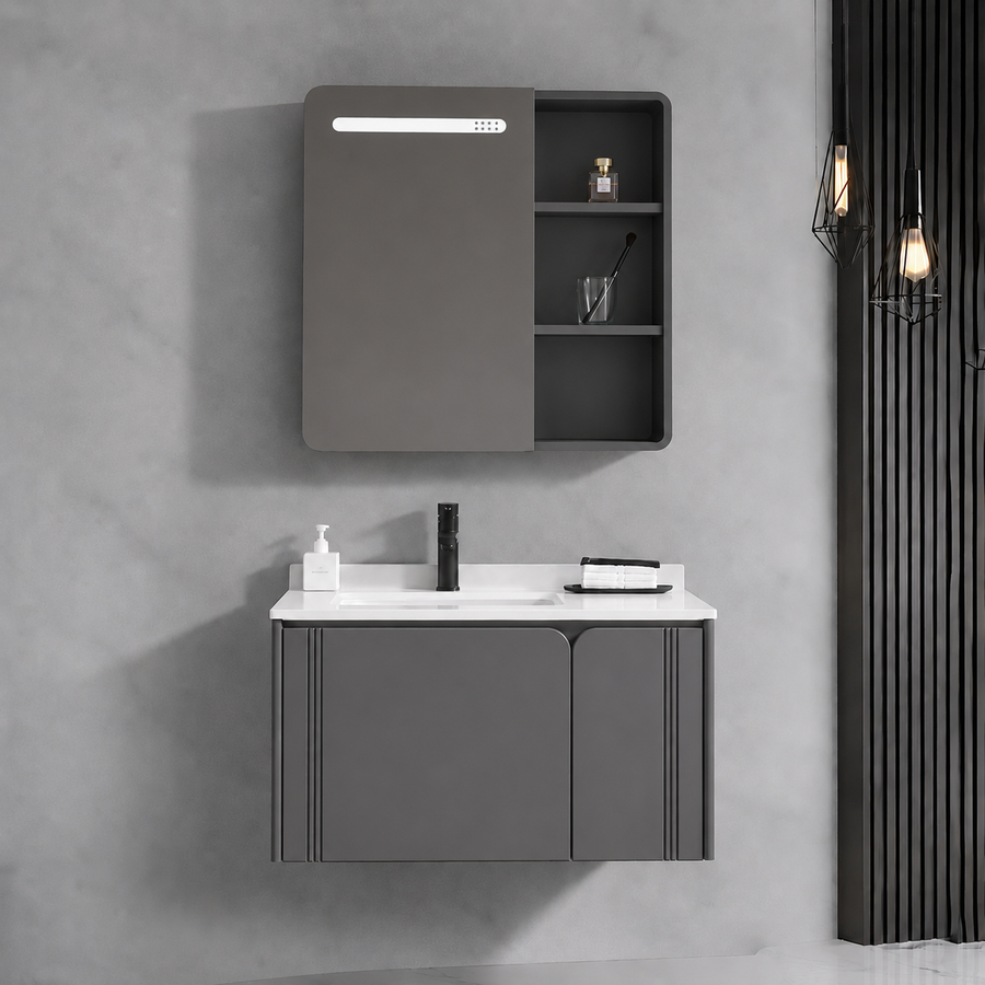 Set Mobilier ORIA pentru Baie, Latime 80cm, 3 Piese, Gri si Alb