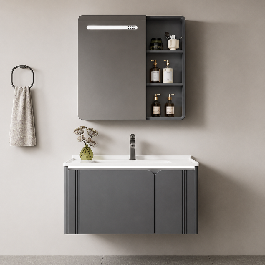 Set Mobilier ORIA pentru Baie, Latime 80cm, 3 Piese, Gri si Alb