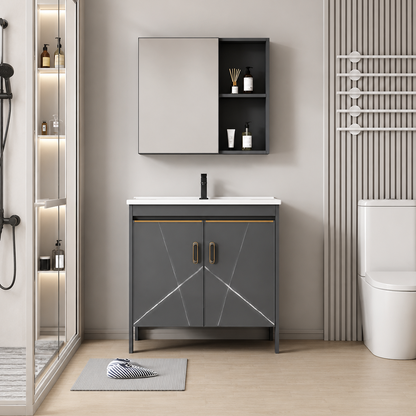 Set Mobilier SIENA pentru Baie ,Dulap Lavoar+Dulap Oglinda 60cm, 2 Piese, Gri si Alb