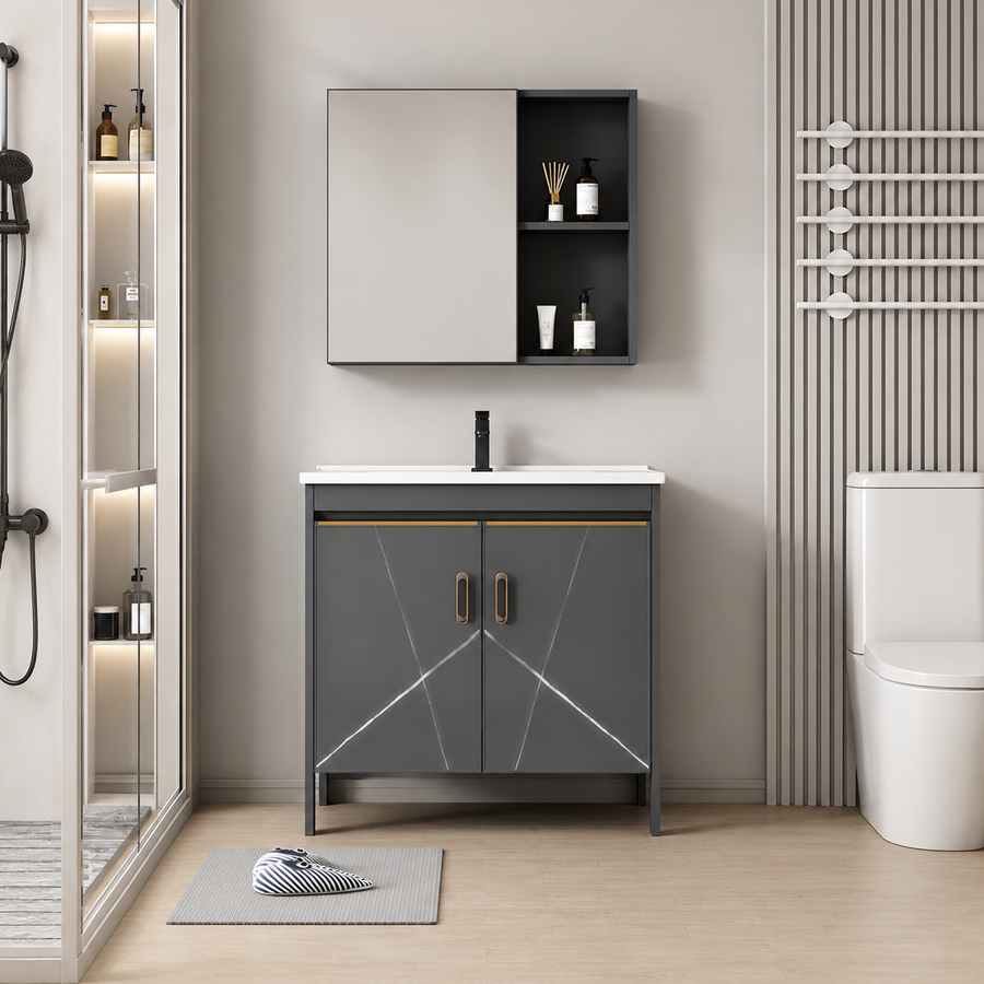 Set Mobilier SIENA pentru Baie ,Dulap Lavoar+Dulap Oglinda 60cm, 2 Piese, Gri si Alb