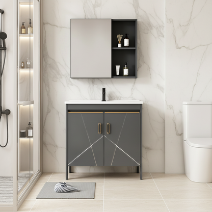 Set Mobilier SIENA pentru Baie ,Dulap Lavoar+Dulap Oglinda 60cm, 2 Piese, Gri si Alb