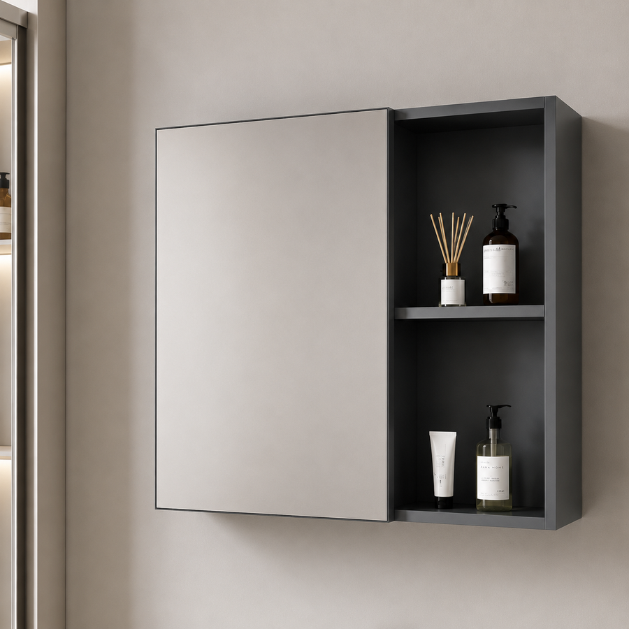 Set Mobilier SIENA pentru Baie ,Dulap Lavoar+Dulap Oglinda 60cm, 2 Piese, Gri si Alb