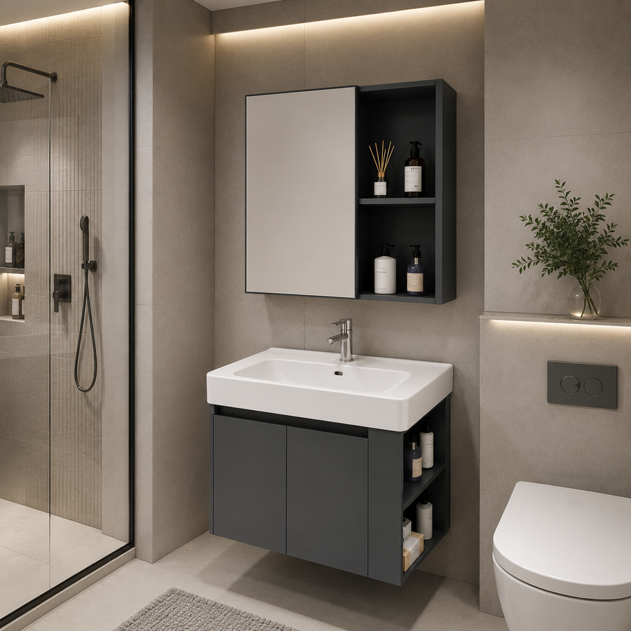 Set Mobilier EVOQ pentru Baie ,Dulap Lavoar+Dulap Oglinda 80cm, 2 Piese, Gri si Alb
