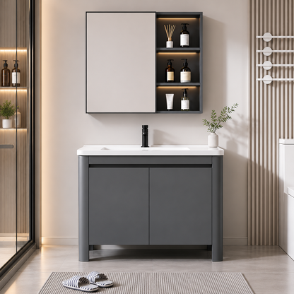 Set Mobilier VION  pentru Baie ,Dulap Lavoar+Dulap Oglinda 60cm, 2 Piese, Gri si Alb