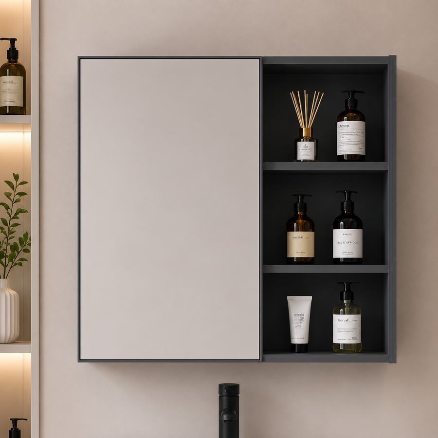 Set Mobilier VION  pentru Baie ,Dulap Lavoar+Dulap Oglinda 60cm, 2 Piese, Gri si Alb