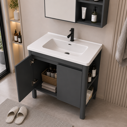 Set Mobilier VION  pentru Baie ,Dulap Lavoar+Dulap Oglinda 60cm, 2 Piese, Gri si Alb