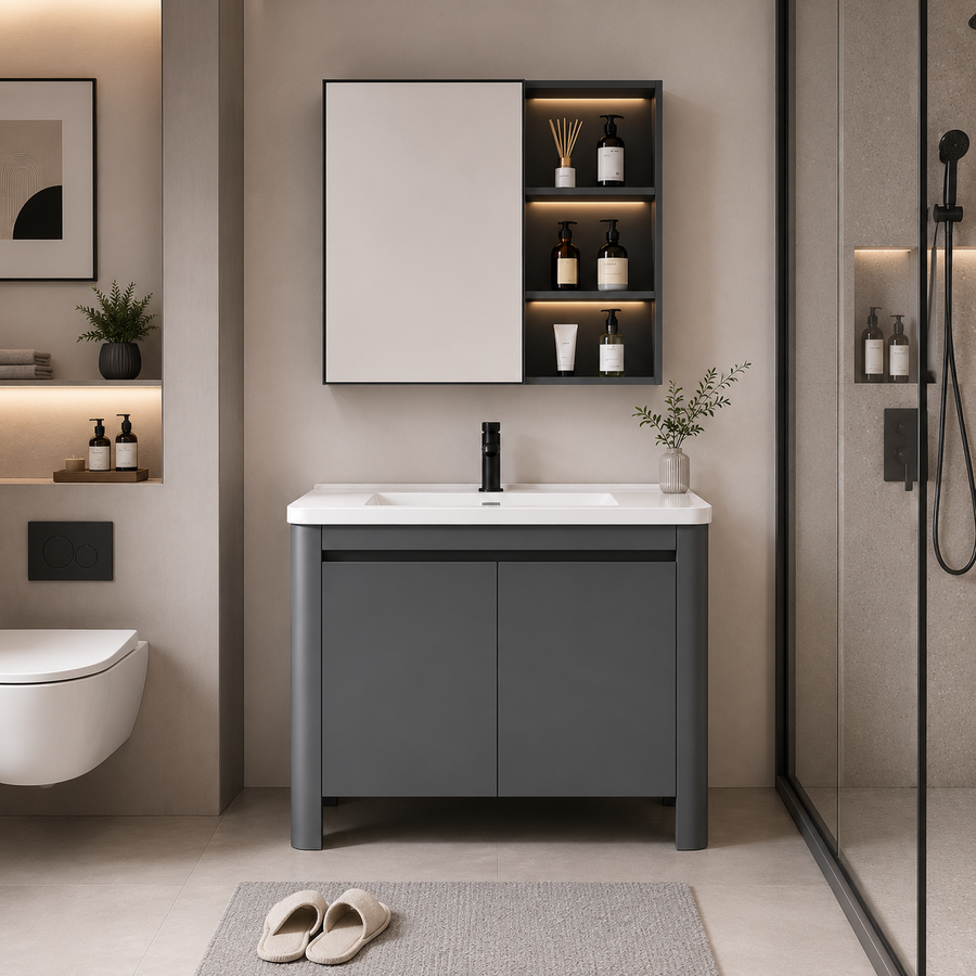 Set Mobilier VION  pentru Baie ,Dulap Lavoar+Dulap Oglinda 60cm, 2 Piese, Gri si Alb