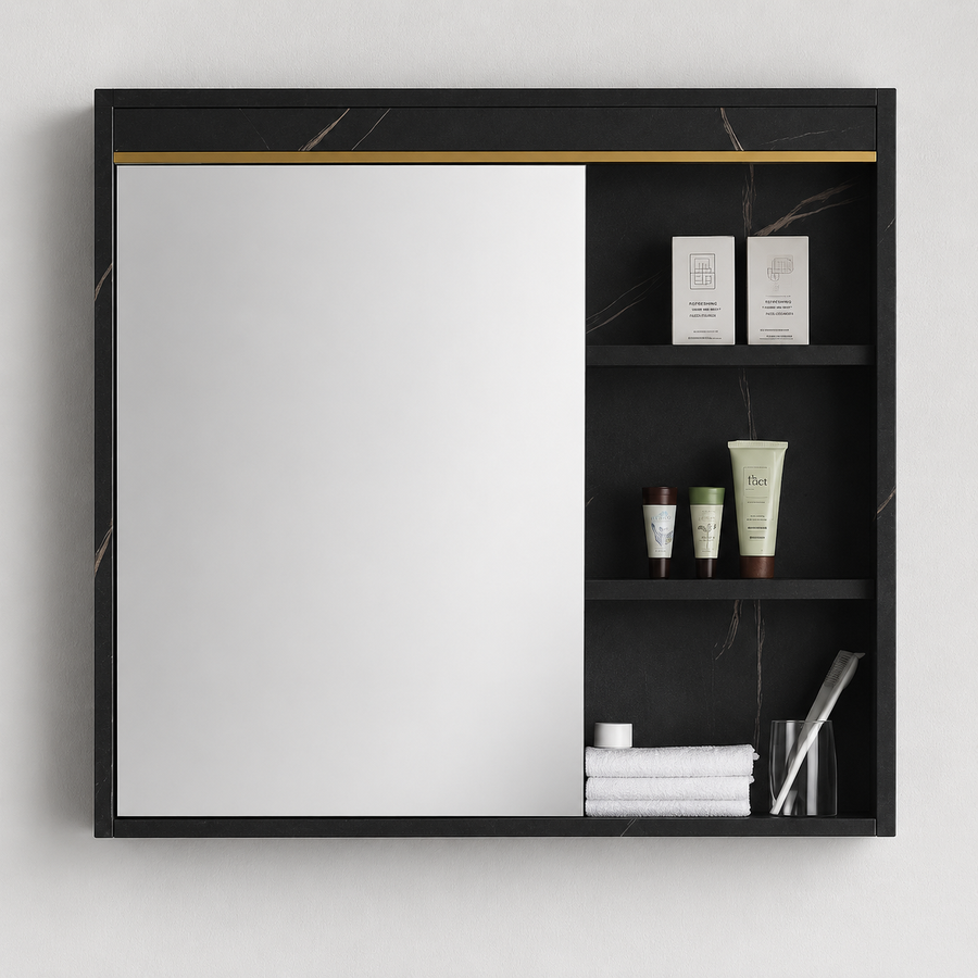 Set Mobilier MARBLE pentru Baie, Dulap Lavoar+Dulap Oglinda 80cm, 2 Piese, Negru