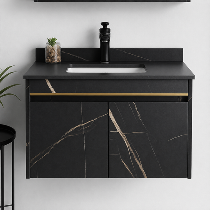 Set Mobilier MARBLE pentru Baie, Dulap Lavoar+Dulap Oglinda 80cm, 2 Piese, Negru