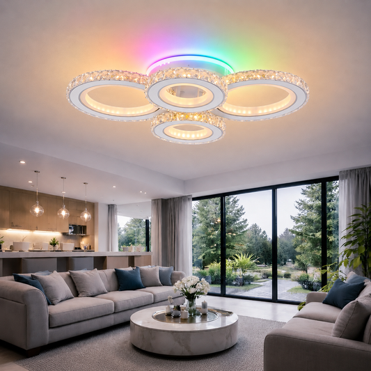Lustra LED cu telecomanda si cristal NOVA ROTONDA RGB 82W, 4 Cercuri, lumina Rece/Calda/Neutra, Dimabila, Alb