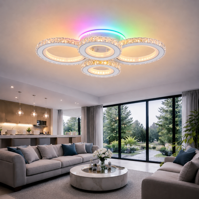 Lustra LED cu telecomanda si cristal NOVA ROTONDA RGB 82W, 4 Cercuri, lumina Rece/Calda/Neutra, Dimabila, Alb