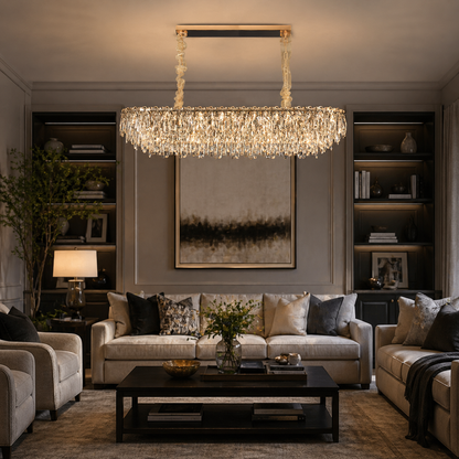 Candelabru Cristal ORION 19xE14, Auriu, Inaltime Reglabila, Metal si Cristal
