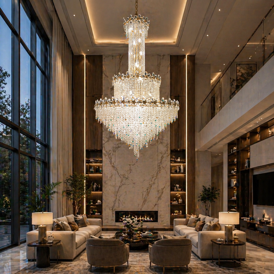 Candelabru Cristal BLOSSSOM Supremo LED 48xE14, Auriu, Diametru 150cm, Inaltime Reglabila