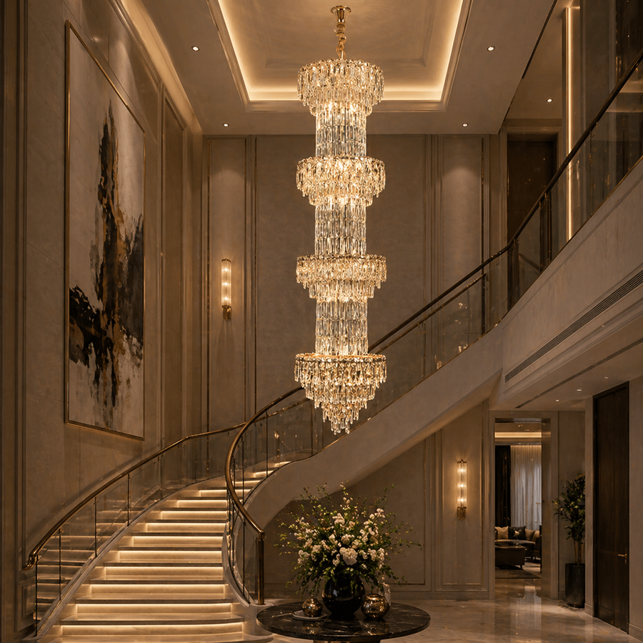 Candelabru Cristal IMPERIUM 45xE14, D55 cm, Auriu, Inaltime Reglabila, Metal si Cristal