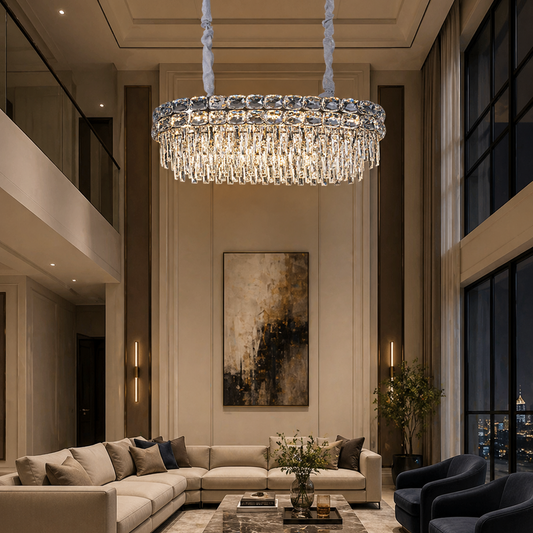 Candelabru Cristal LUCENT Regalis 28xE14, 85x35 cm, Auriu, Inaltime Reglabila, Metal si Cristal