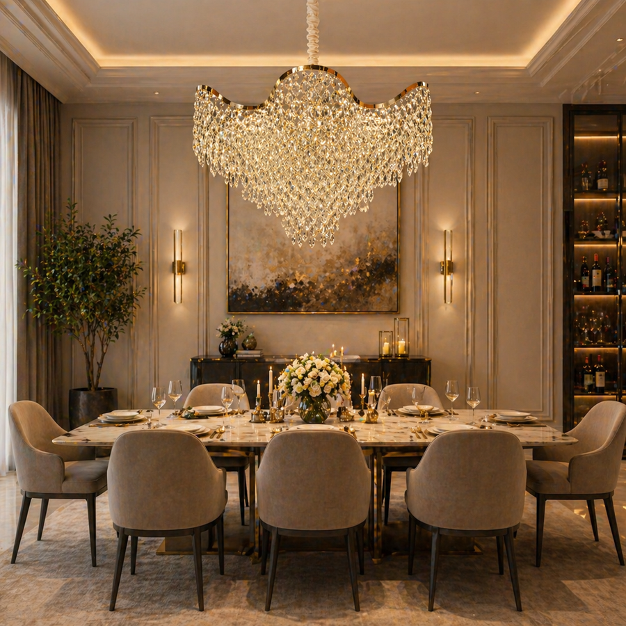 Candelabru Cristal VELOURA Eleganza 9xE14, D50 cm, Auriu, Inaltime Reglabila, Metal si Cristal