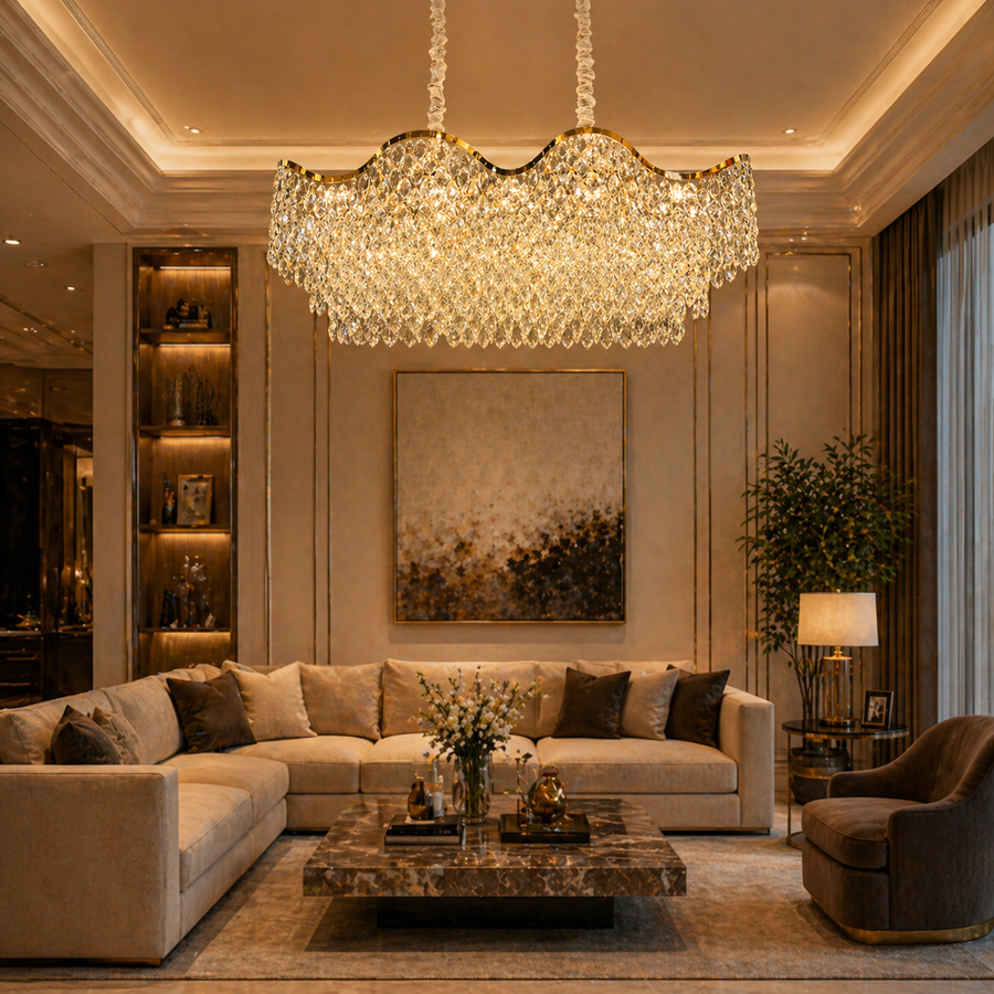 Candelabru Cristal 16xE14 VELOURA Supremo Reale, 120x35 cm, Auriu, Inaltime Reglabila, Metal si Cristal