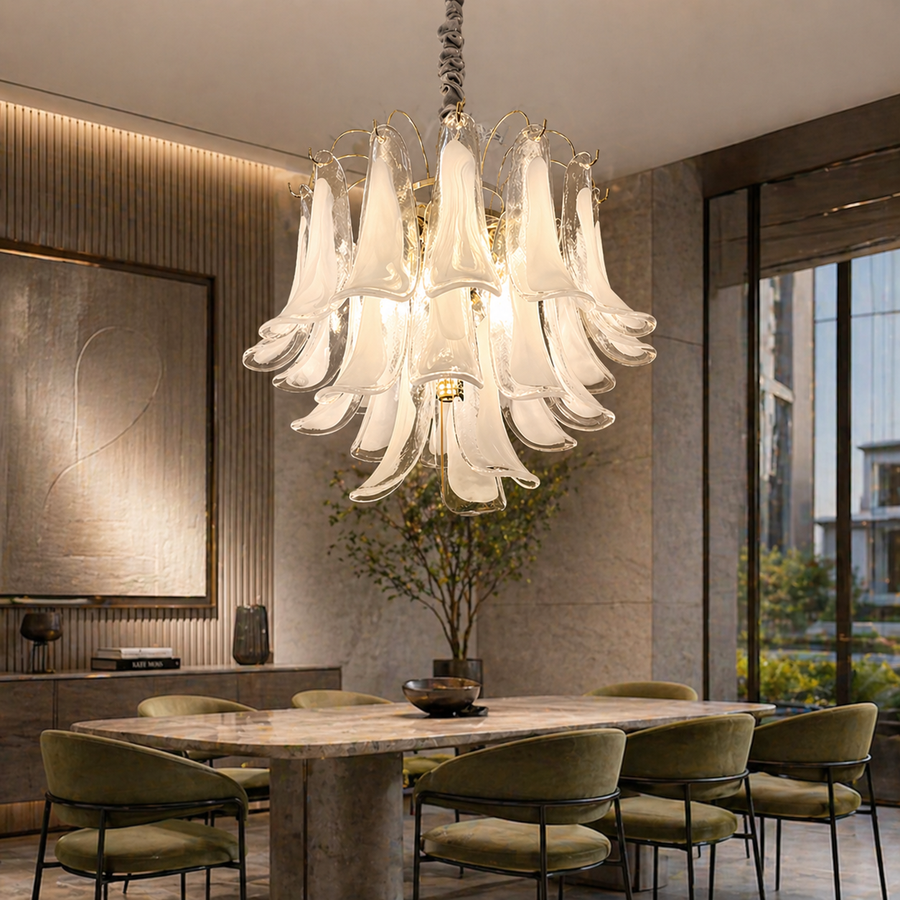 Candelabru Cristal LUMIERE Magno 7xE14, D60 cm, Alb, Inaltime Reglabila, Metal si Cristal