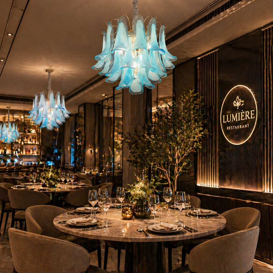 Candelabru Cristal AZURE Eleganza 4xE14, D50 cm, Albastru, Inaltime Reglabila, Metal si Cristal